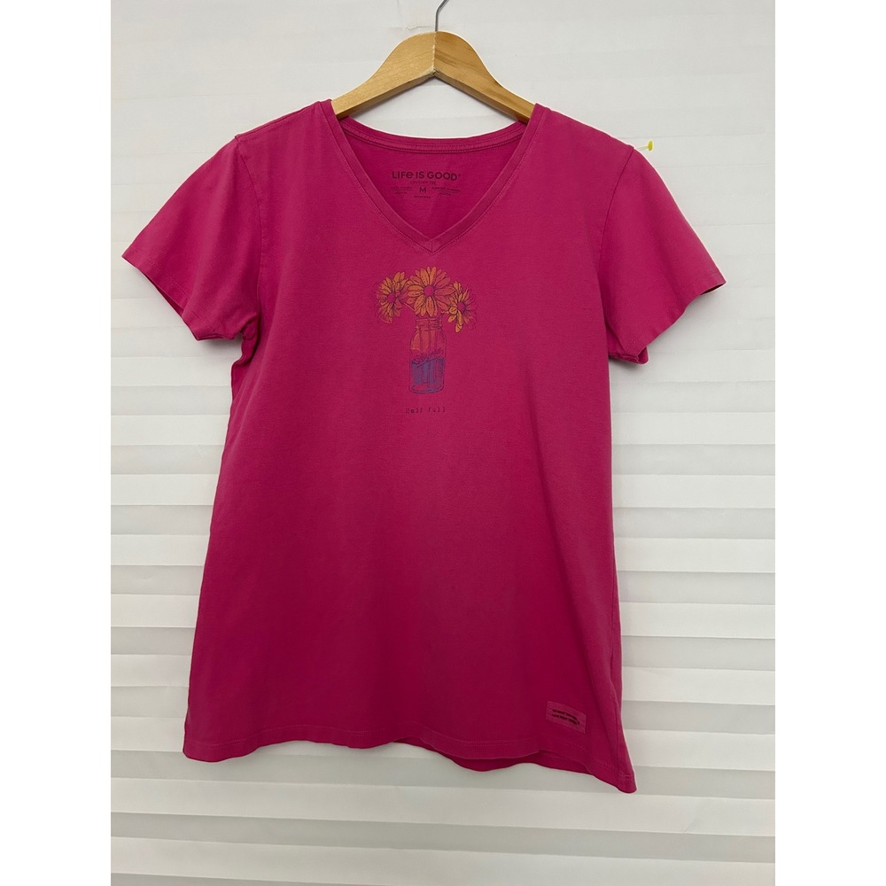 Life is Good Womens Crusher Tee Pink V-Neck Sunflower Half Full Graphic Shirt M